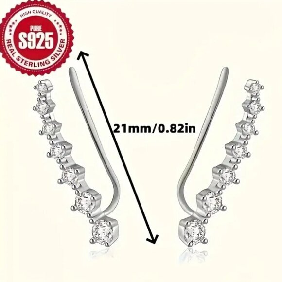 925 Silver Climber Earrings 7 Diamond Zirconias NWT - Picture 2 of 3